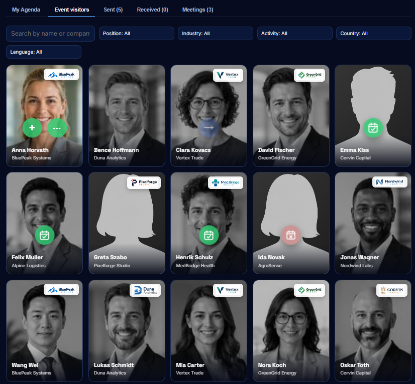Event visitors screen showing attendee profile cards with company logos, invite and profile buttons, and search filters.